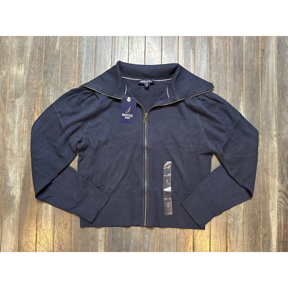 Nautica Jeans Navy Blue Full Zip Cardigan Sweater Lake Placid N5IS0339 Medium